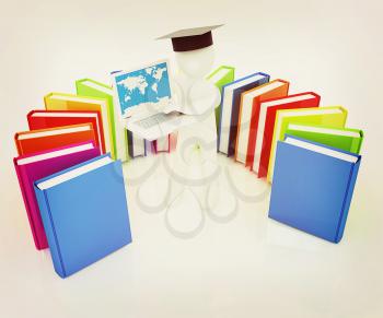3d man in graduation hat working at his laptop and books on a white background. 3D illustration. Vintage style.
