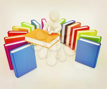 3d white man with and books on a white background. 3D illustration. Vintage style.