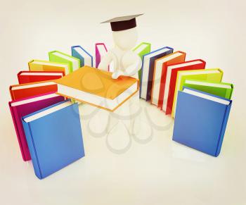 3d white man in a graduation hat with useful books - best gift a student on a white background. 3D illustration. Vintage style.