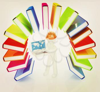 Colorful books like the rainbow and 3d man in a hard hat with laptop on a white background. 3D illustration. Vintage style.