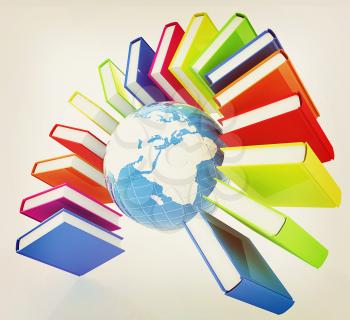 Colorful books like the rainbow and earth on a white background. 3D illustration. Vintage style.