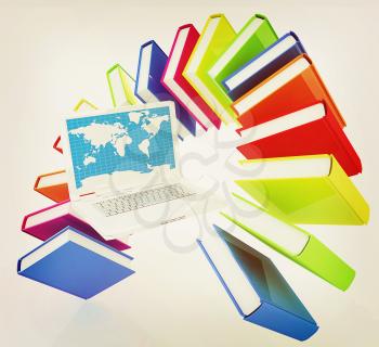 Laptop and books flying on a white background. 3D illustration. Vintage style.