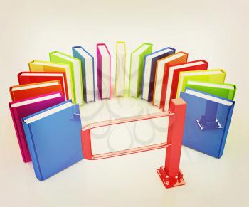 Colorful books in a semicircle and tourniquet to control. The concept of the exam on a white background. 3D illustration. Vintage style.