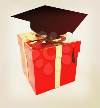 graduation hat on a red gift on a white background. 3D illustration. Vintage style.