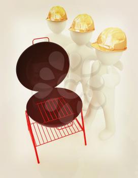 3d mans in a hard hat with thumb up and barbecue grill. On a white background . 3D illustration. Vintage style.