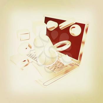 Powerful laptop specially for 3d graphics and software on a white background. 3D illustration. Vintage style.