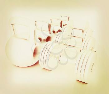 Metall weights and dumbbells on a white background. 3D illustration. Vintage style.