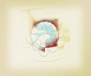 Abstract metall structure with blue earth in the center . 3D illustration. Vintage style.