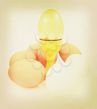Eggs and gold easter egg on egg cups . 3D illustration. Vintage style.