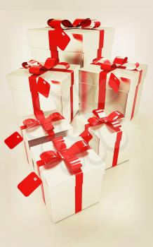 Gifts with red ribbon on a white background . 3D illustration. Vintage style.