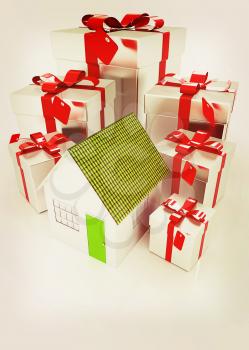 House and gifts. 3D illustration. Vintage style.