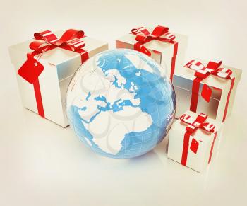 Earth and gifts. 3D illustration. Vintage style.