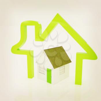 3d green house and icon house on white background . 3D illustration. Vintage style.