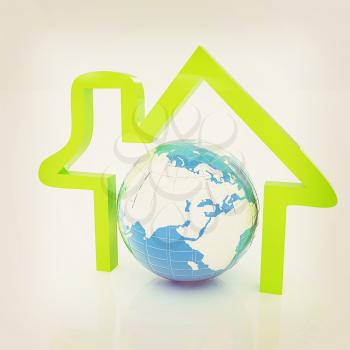 3d green icon house, earth on white background . 3D illustration. Vintage style.