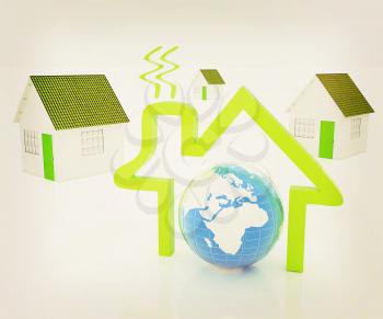 3d green house, earth and icon house on white background . 3D illustration. Vintage style.