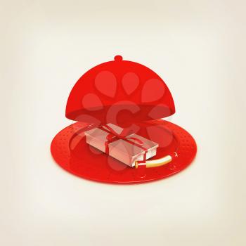 Illustration of a luxury gift on restaurant cloche on a white background. 3D illustration. Vintage style.