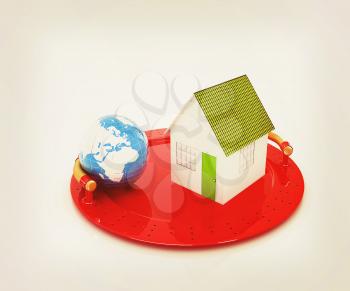 house and earth on restaurant cloche isolated on white background . 3D illustration. Vintage style.