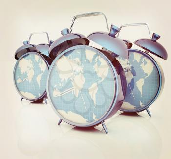 Alarm clocks of world map. 3D illustration. Vintage style.