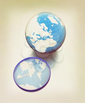 Clock of world map and earth on metallic background. 3D illustration. Vintage style.