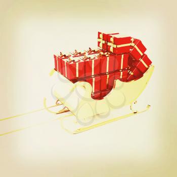 Christmas Santa sledge with gifts on a white background . 3D illustration. Vintage style.