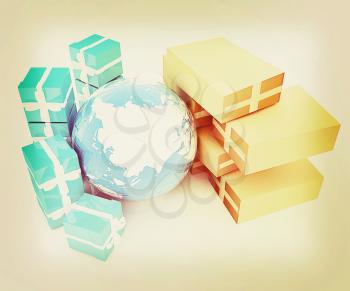 Cardboard boxes, gifts and earth on a white background. 3D illustration. Vintage style.