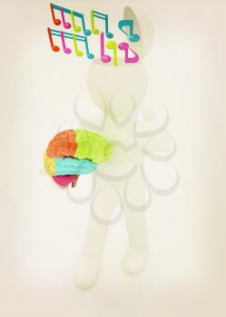 3d people - man with half head, brain and trumb up. Сomposer concept with colorfull note . 3D illustration. Vintage style.