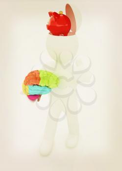 3d people - man with half head, brain and trumb up. Saving concept with piggy bank . 3D illustration. Vintage style.
