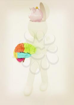 3d people - man with half head, brain and trumb up. Saving concept with piggy bank . 3D illustration. Vintage style.