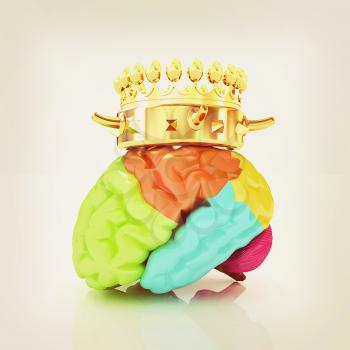 Gold Crown on the brain. 3D illustration. Vintage style.