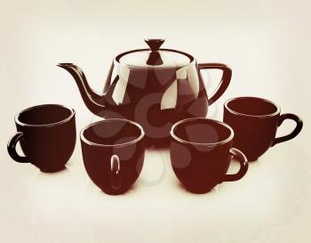 black teapot and cups. 3D illustration. Vintage style.