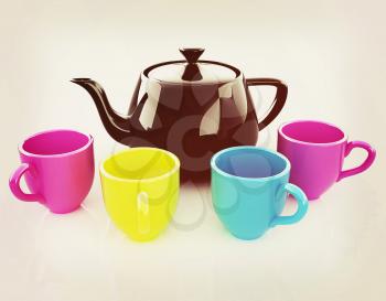 colorfall cups and teapot. 3D illustration. Vintage style.