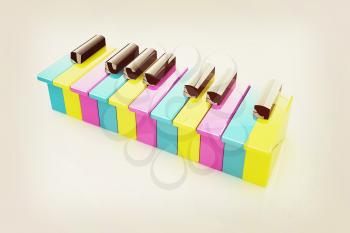 Colorfull piano keys on a white background . 3D illustration. Vintage style.