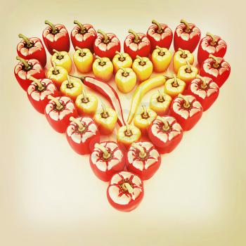 Bulgarian Pepper Heart Shape, On White Background. 3D illustration. Vintage style.