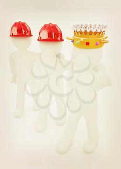 3d people - man, person with a golden crown. King with person with a hard hat. 3D illustration. Vintage style.