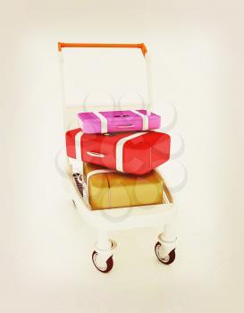 Trolley for luggage at the airport and luggage. 3D illustration. Vintage style.