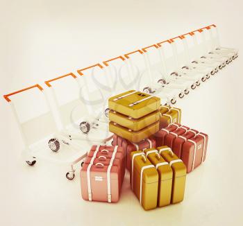 Trolleys for luggages at the airport and luggages . 3D illustration. Vintage style.