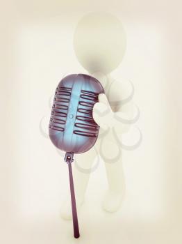 3D man with a microphone on a white background . 3D illustration. Vintage style.