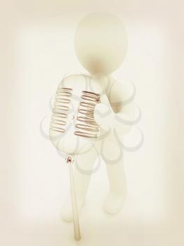 3D man with a microphone on a white background . 3D illustration. Vintage style.