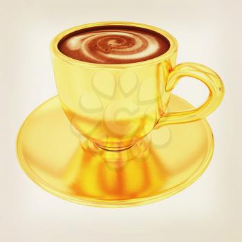 Gold coffee cup on saucer on a white background . 3D illustration. Vintage style.