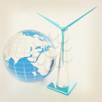Wind turbine isolated on white. Global concept with eart. 3D illustration. Vintage style.