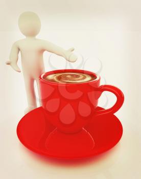 3d people - man, person presenting - Mug of coffee with milk. 3D illustration. Vintage style.