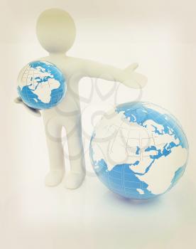 3d people - man, person presenting - pointing. Global concept with earth. 3D illustration. Vintage style.