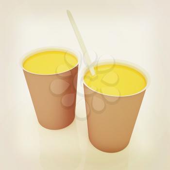 Orange juice in a fast food dishes. 3D illustration. Vintage style.