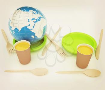 Orange juice in a fast food dishes and earth. 3D illustration. Vintage style.