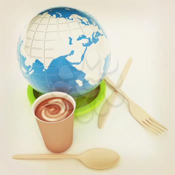 Coffe in fast-food disposable tableware and earth. 3D illustration. Vintage style.