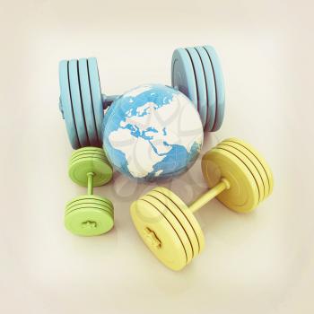 dumbbells and earth. 3D illustration. Vintage style.