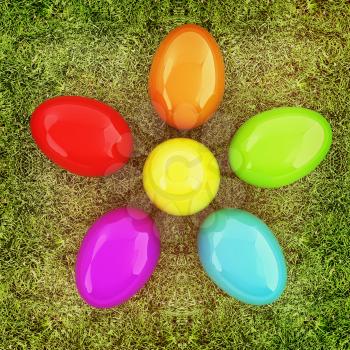Colored Easter eggs as a flower on a green grass. 3D illustration. Vintage style.