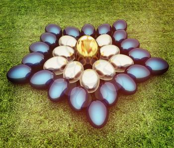Blue metallic, metall and Gold Easter eggs as a flower on a green grass. 3D illustration. Vintage style.