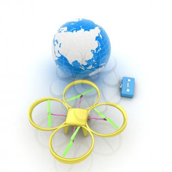 Quadrocopter Drone with Earth Globe and remote controller on a white background. 3d illustration