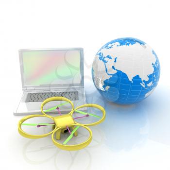 Drone or quadrocopter with camera with laptop. Network, online, buy, internet shopping, smart home. 3d render